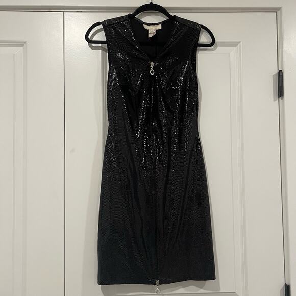 Vintage Janine Paris Black Shiny Sequin Snakeskin Mini Dress Zipper Size M - Picture 1 of 10